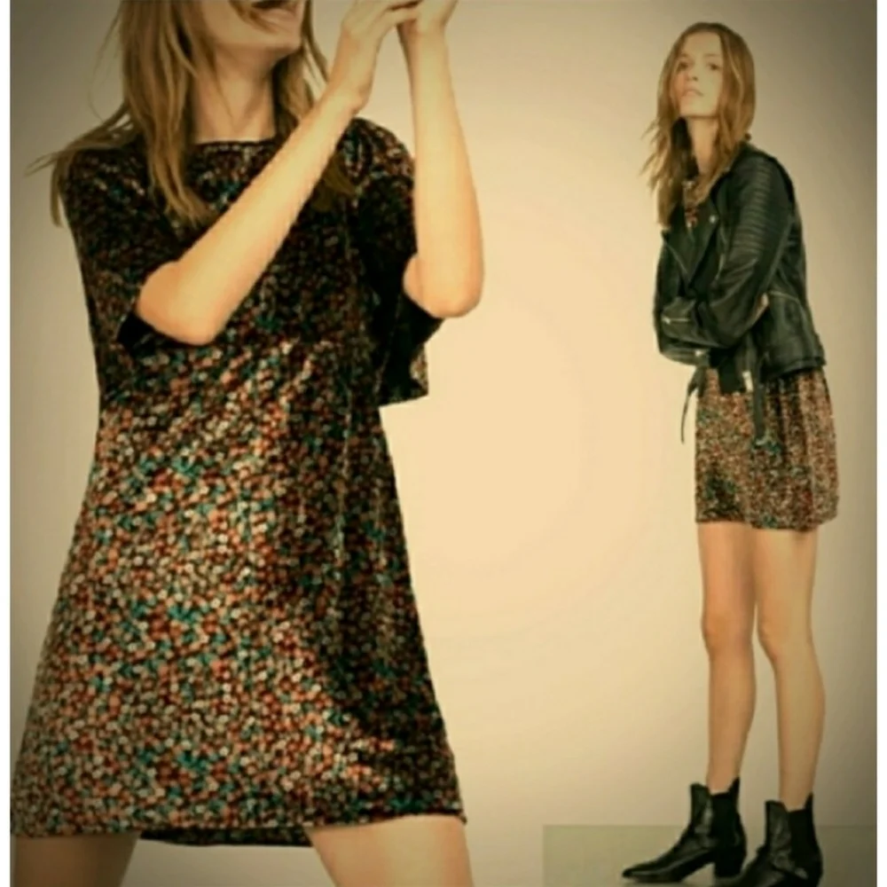 ZARA // short bell sleeve floral velvet mini dress